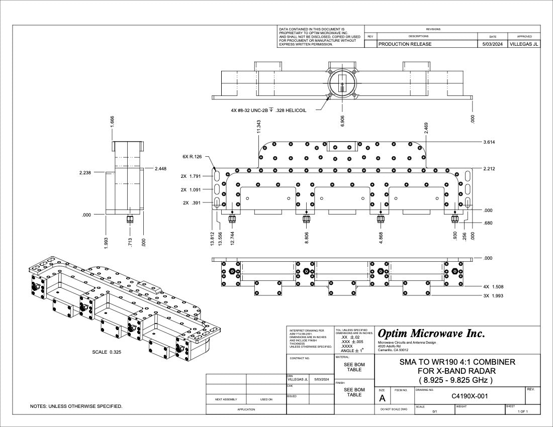 SMA to WR190 4:1 Combiner For X-Band Radar ( 8.925 - 9.825 GHz)