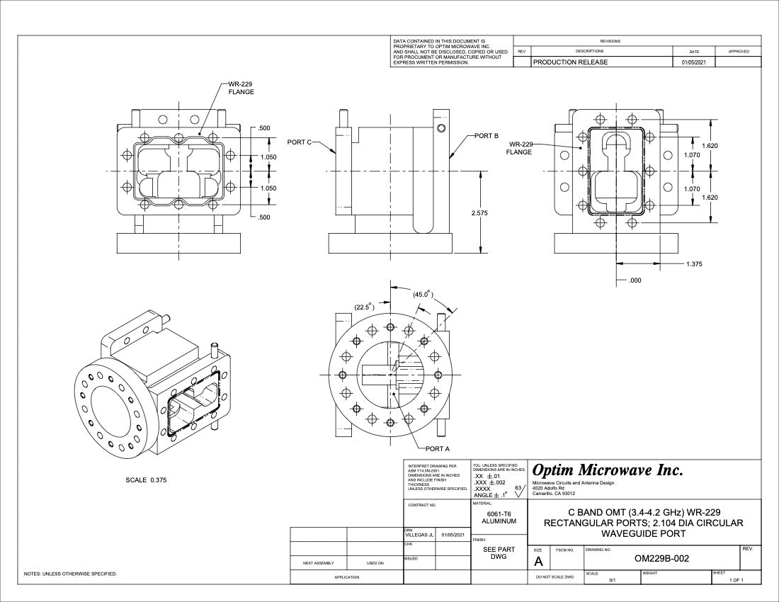 C Band OMT WR229 Rectangular Ports; 2.104" Dia Circular Common Port 3.4-4.2 GHz (OM229B-002)