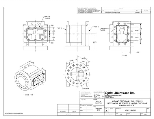 C Band OMT WR229 Rectangular Ports; 2.104" Dia Circular Common Port 3.4-4.2 GHz (OM229B-002)
