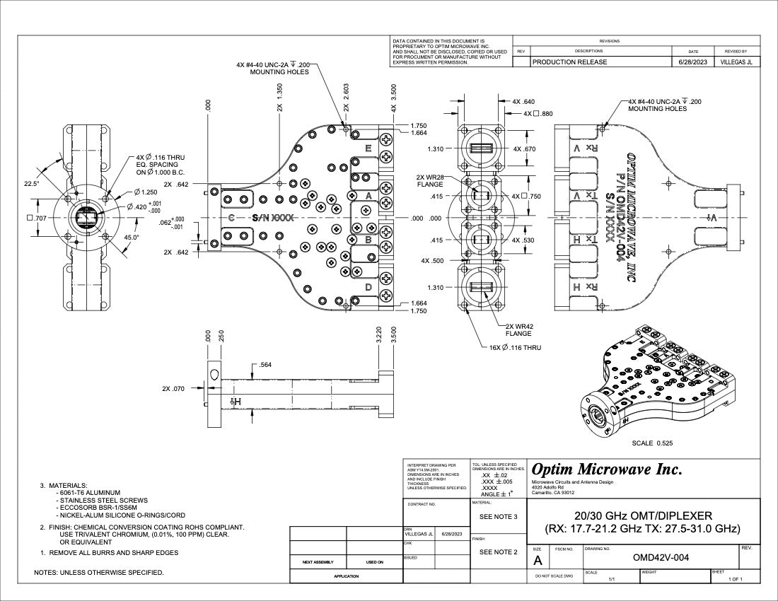 4-Port OMT/Diplexer Rx 17.7-21.2 Ghz Tx 27.5-31.0 Ghz (Rear Facing Ports)