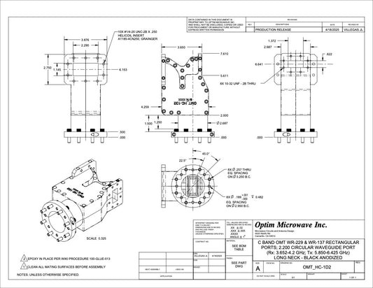 C Band OMT Rx: 3.625-4.2 GHz Tx: 5.85-6.425 GHz (Long Neck)