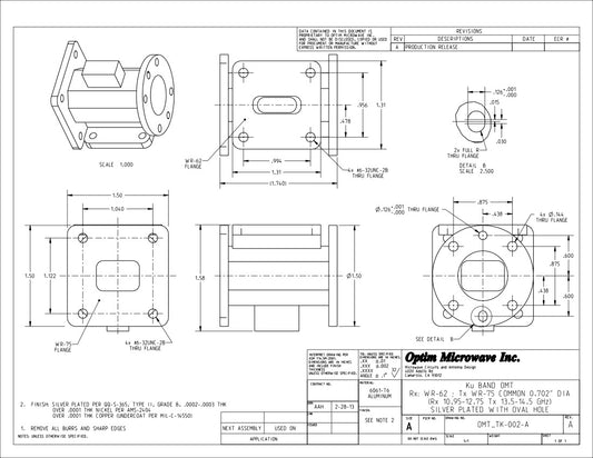 Ku-Band Tx/Rx OMT, WR-62 Side, WR-75 Through, 0.622" Circular Input (OMT_TK-002)