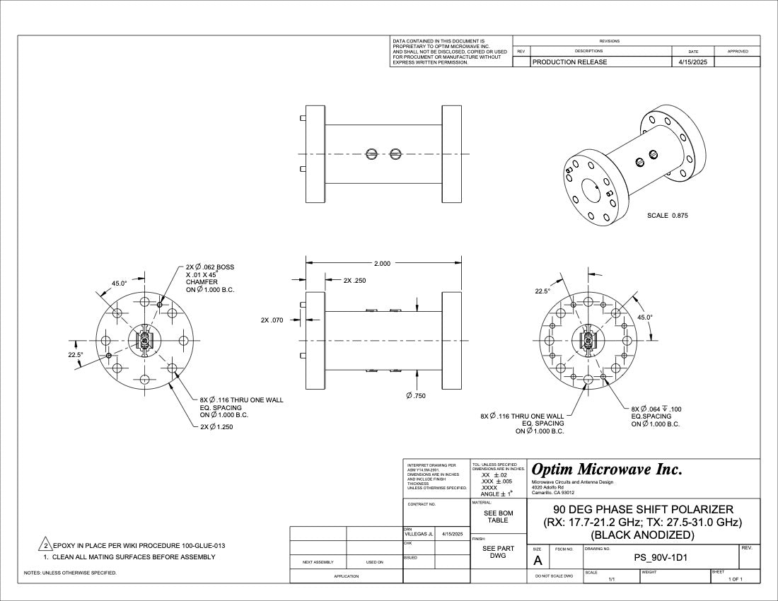 Ka-Band 90 Degree Phase Shift Polarizer RX: 17.7-21.2 GHz; TX: 27.5-31.0 GHz
