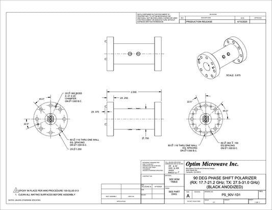 Ka-Band 90 Degree Phase Shift Polarizer RX: 17.7-21.2 GHz; TX: 27.5-31.0 GHz