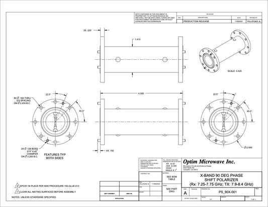 X-Band 90 Degree Phase Shift Polarizer Rx: 7.25-7.75 GHz; TX: 7.9-8.4 GHz