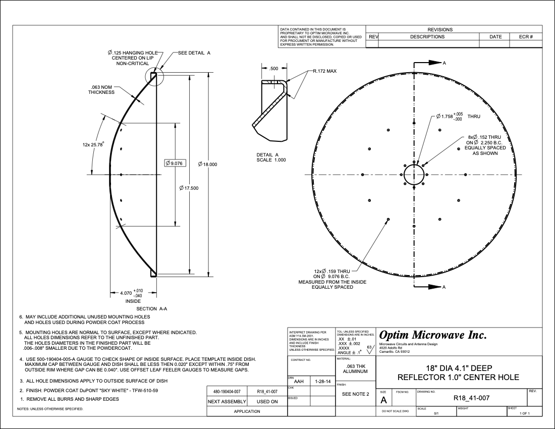 18" DIA 4.1" DEEP REFLECTOR 1.0" CENTER HOLE