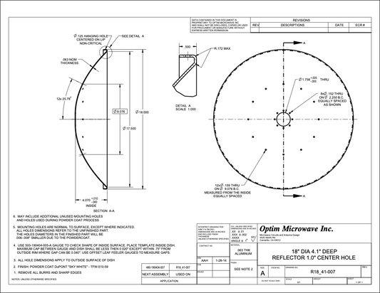 18" DIA 4.1" DEEP REFLECTOR 1.0" CENTER HOLE