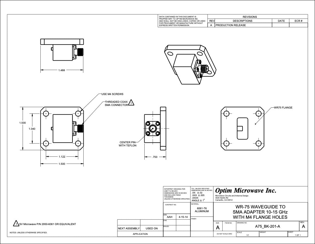 Ku Band WR-75 Waveguide Adapter with SMA Connector 10 - 15 GHz (A75_BK-201)