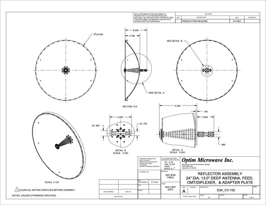Ultra Wide Ka-Band Feed/Polarizer/OMD/Reflector for a 24" or 60cm Antenna (Rx: 17.7-21.2 Ghz Tx 27.5-31.0 Ghz)