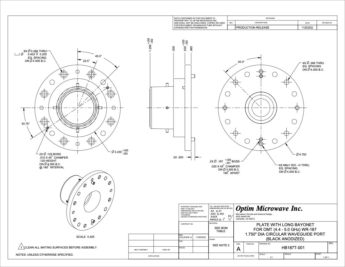 C Band or Troposcatter OMT WR-187 Rectangular Ports; 2.200" Dia Circular Waveguide Port 4.4-5.0 GHz (OM187T-0D1)