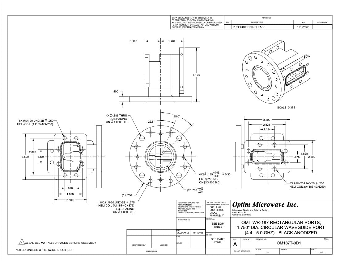 C Band or Troposcatter OMT WR-187 Rectangular Ports; 2.200" Dia Circular Waveguide Port 4.4-5.0 GHz (OM187T-0D1)