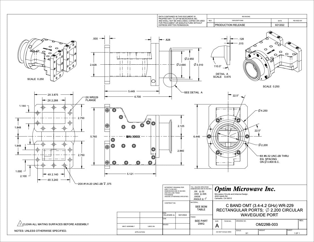 C Band OMT WR229 Rectangular Ports; 2.104" Dia Circular Common Port 3.4-4.2 GHz (OM229B-003)