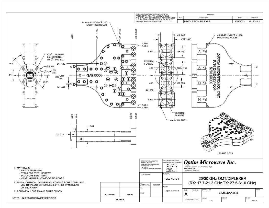 4-Port OMT/Diplexer Rx 17.7-21.2 Ghz  Tx 27.5-31.0 Ghz (Rear Facing Ports)