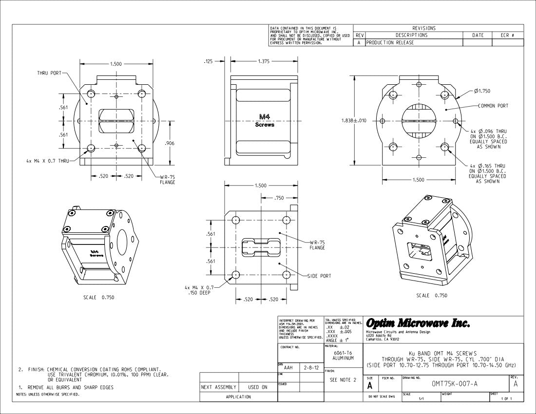 Ku-Band Tx/Rx OMT, WR-62 Side, WR-75 Both Ports, 0.7 In Circular Input (OMT75K-007)