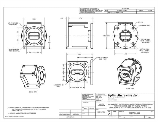 Ku Band Tx/Rx OMT With Extended Common Port and O-Rings, WR-75 Both Ports, 0.7" Circular Input Side:10.70-12.75 GHz, Thru:10.7-14.5 GHz (OMT75K-509)