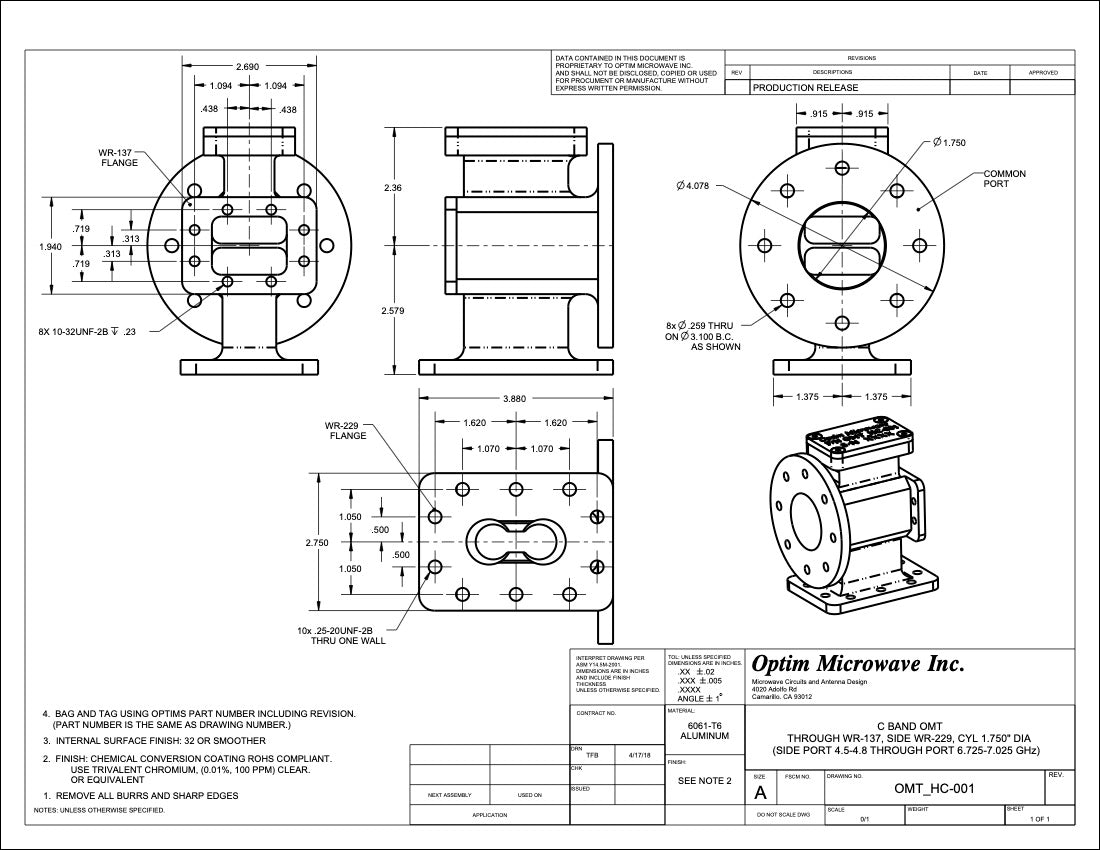 C Band OMT Thru WR137, Side WR229, Cyl 1.750" Dia, Side Port: 3.625-4.2 GHz; Thru Port 5.85-6.425 GHz (OMT_HC-0D2)