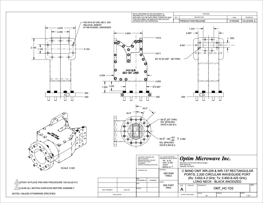 C Band OMT Rx: 3.625-4.2 GHz Tx: 5.85-6.425 GHz (Long Neck)