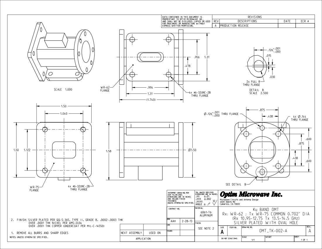 Ku-Band Tx/Rx OMT, WR-62 Side, WR-75 Through, 0.622" Circular Input (OMT_TK-002)