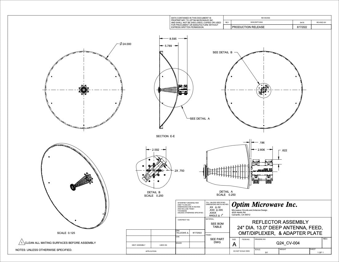 Ultra Wide Ka-Band Feed/Polarizer/OMD for a 24" or 60cm Reflector Rx: 17.7-21.2 GHz; Tx: 27.5-31.0 GHz (Q24_CV-004)