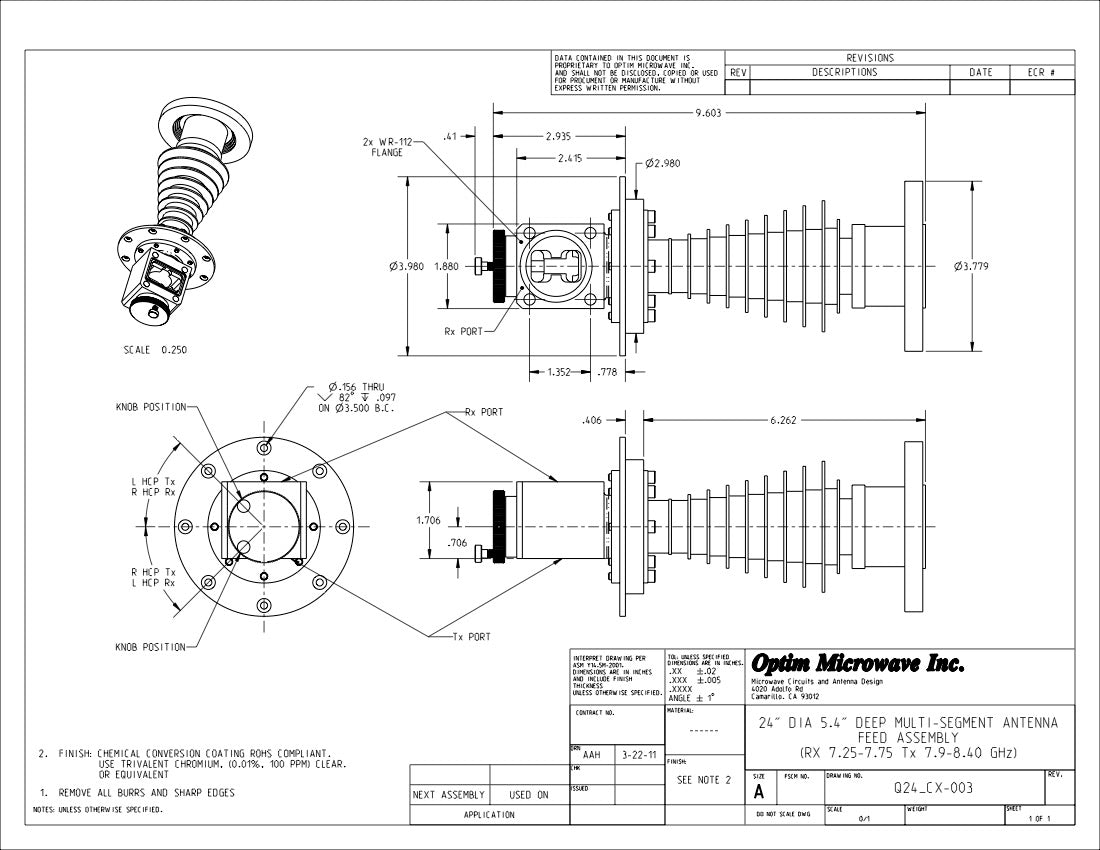 X-Band Feed/OMT/Rotating Polarizer for a 24" or 60cm Reflector Rx: 7.25-7.75 GHz;  Tx: 7.9-8.4 GHz (Q24_CX-003)