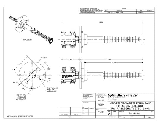 Ultra Wide Ka-Band Feed/Polarizer/OMD for a 44" or 120cm Reflector Rx: 17.7-21.2 GHz; Tx: 27.5-31.0 GHz (Q44_CV-002)