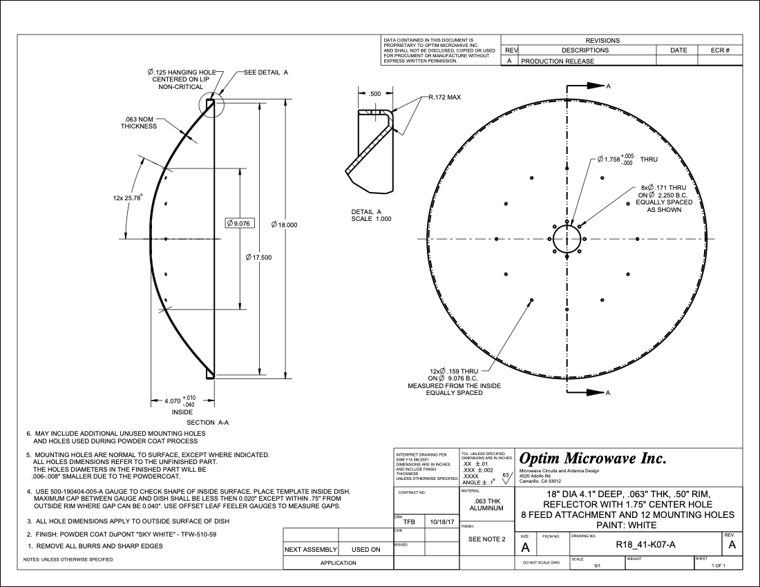 18" DIA 4.1" DEEP REFLECTOR 1.75"CENTER HOLE