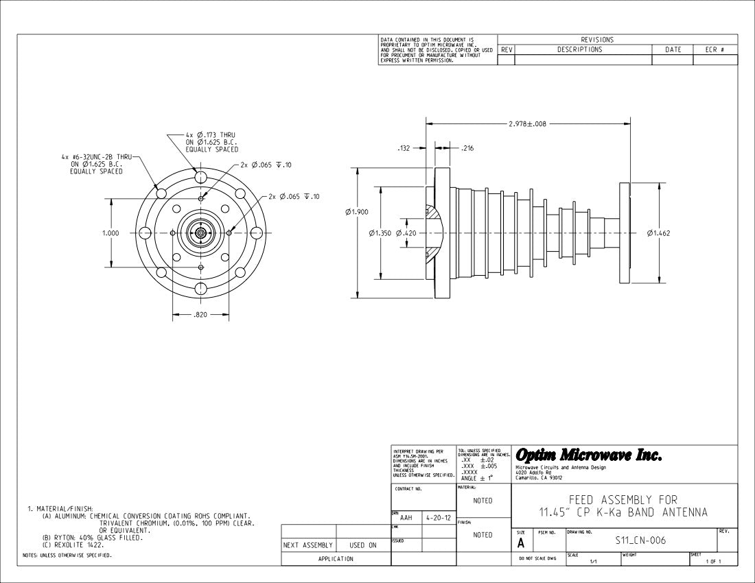 Ka-Band CP Feed for a 11.45" or 30cm Reflector Rx 19.2-21.2 Tx 29.0-31.0 GHz (S11_CN-006)