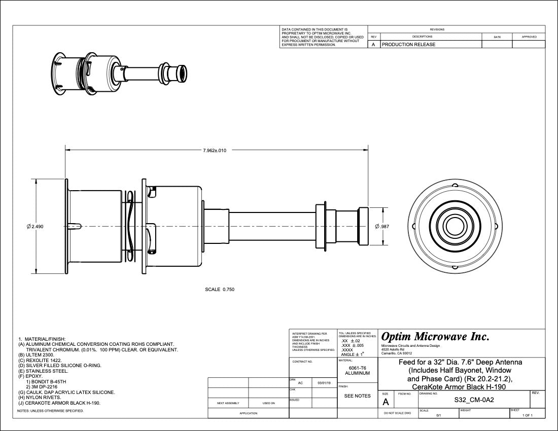 Ka-Band Quick Release Bayonet Rx Feed for a 31.5" or 80cm Diameter Reflector (S32_CM-0A2)