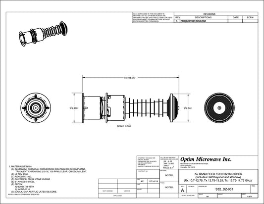 Ku-Band Quick Release Bayonet Feed for a 31.5" or 80cm Diameter Reflector