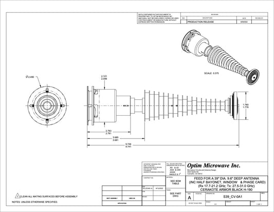 Ka-Band Quick Release Bayonet Feed for a 39.4" or 1m Diameter Deep Reflector