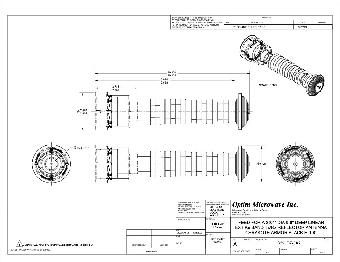 Ku-Band Quick Release Bayonet Feed for a 39.4" or 1m Diameter Deep Reflector