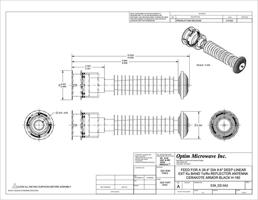 Ku-Band Quick Release Bayonet Feed for a 39.4" or 1m Diameter Deep Reflector