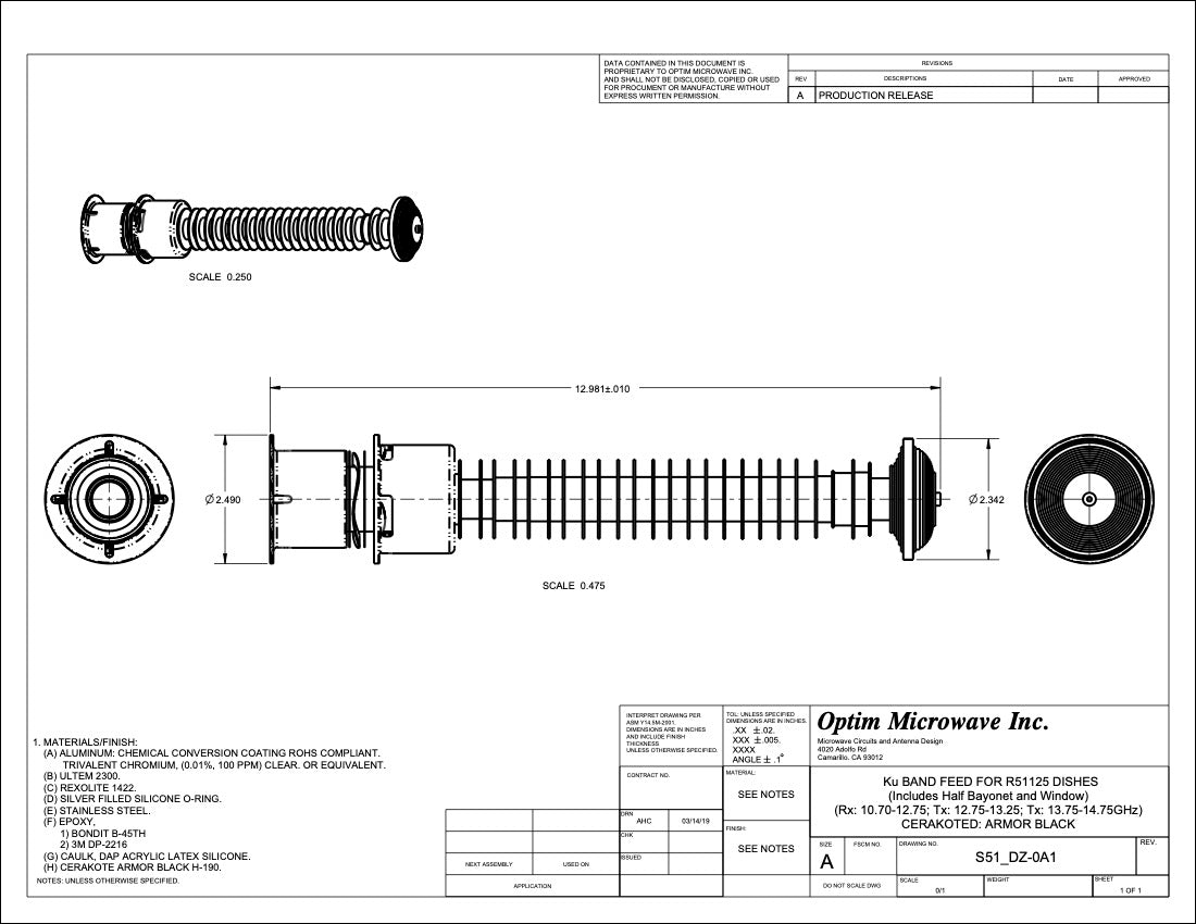 Ku-Band Quick Release Bayonet Feed for a 51.2" or 1.30m Diameter Reflector