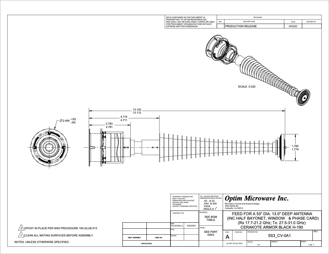 Ka-Band Quick Release Bayonet Feed for a 53.2" or 135cm Diameter Reflector